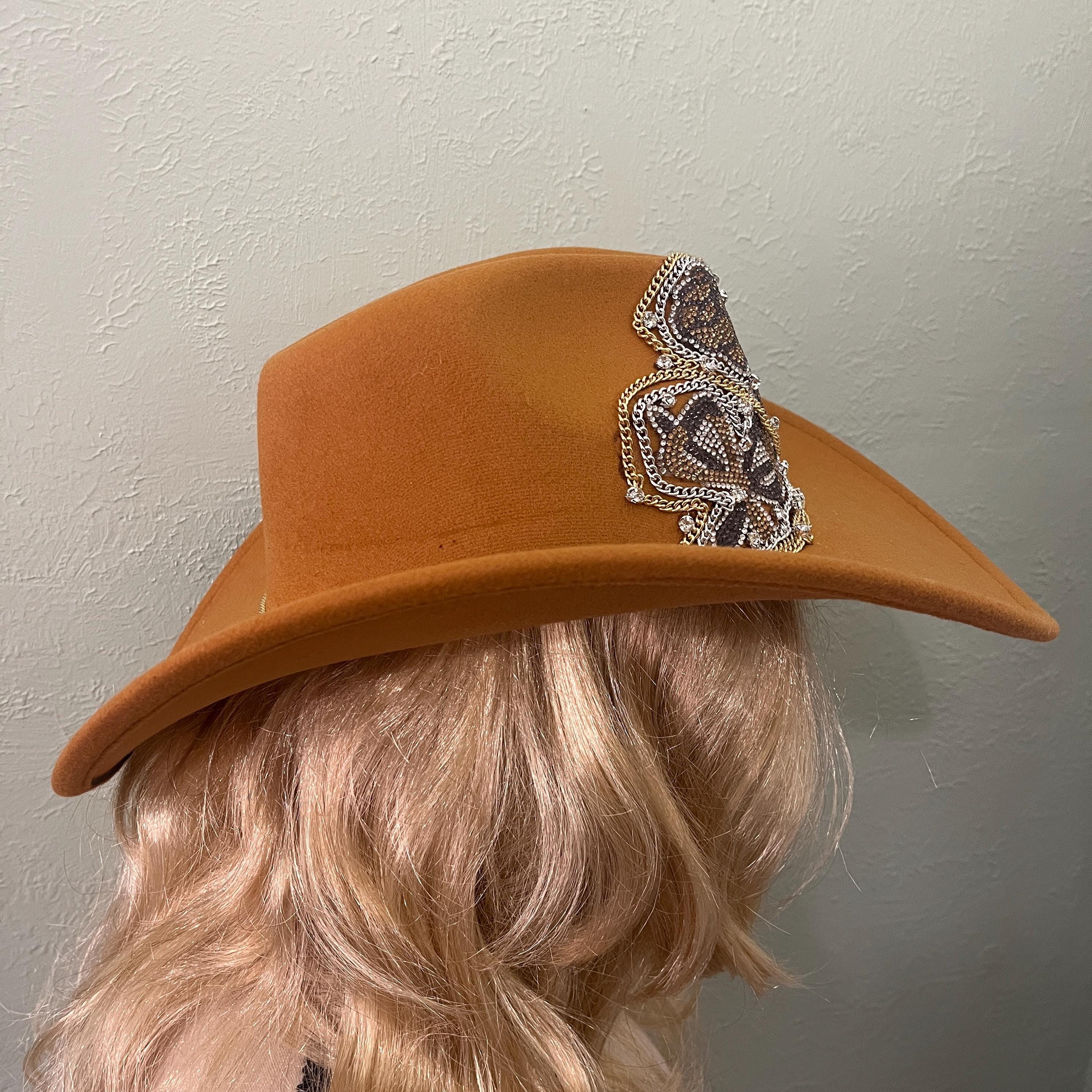 Felt Fedora with Gold Bead Accent Beautiful Brown Felt Fedora Hat. Embellished With Beautiful  main image 2