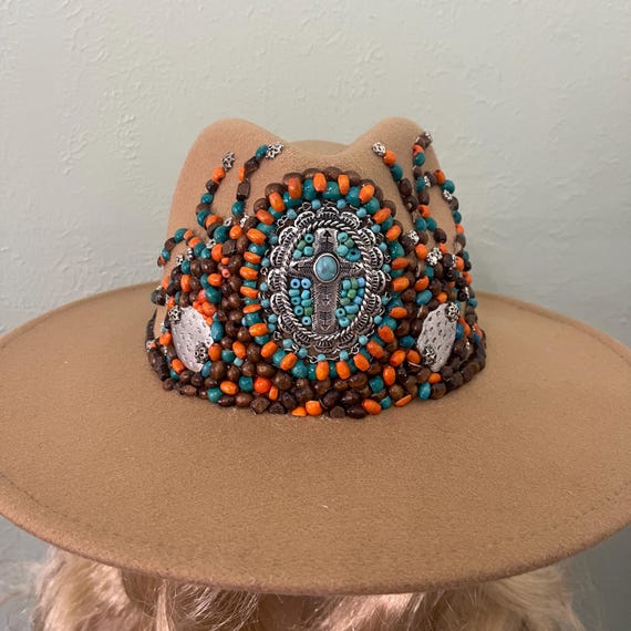 Beautiful Brown Felt Hat Embellished With Multicolored Beads 