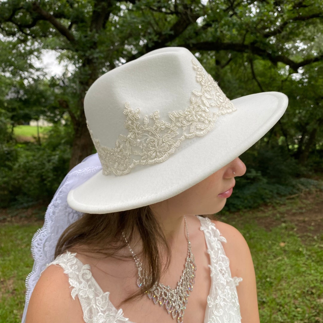 White Beaded felt fedora hat main image 1