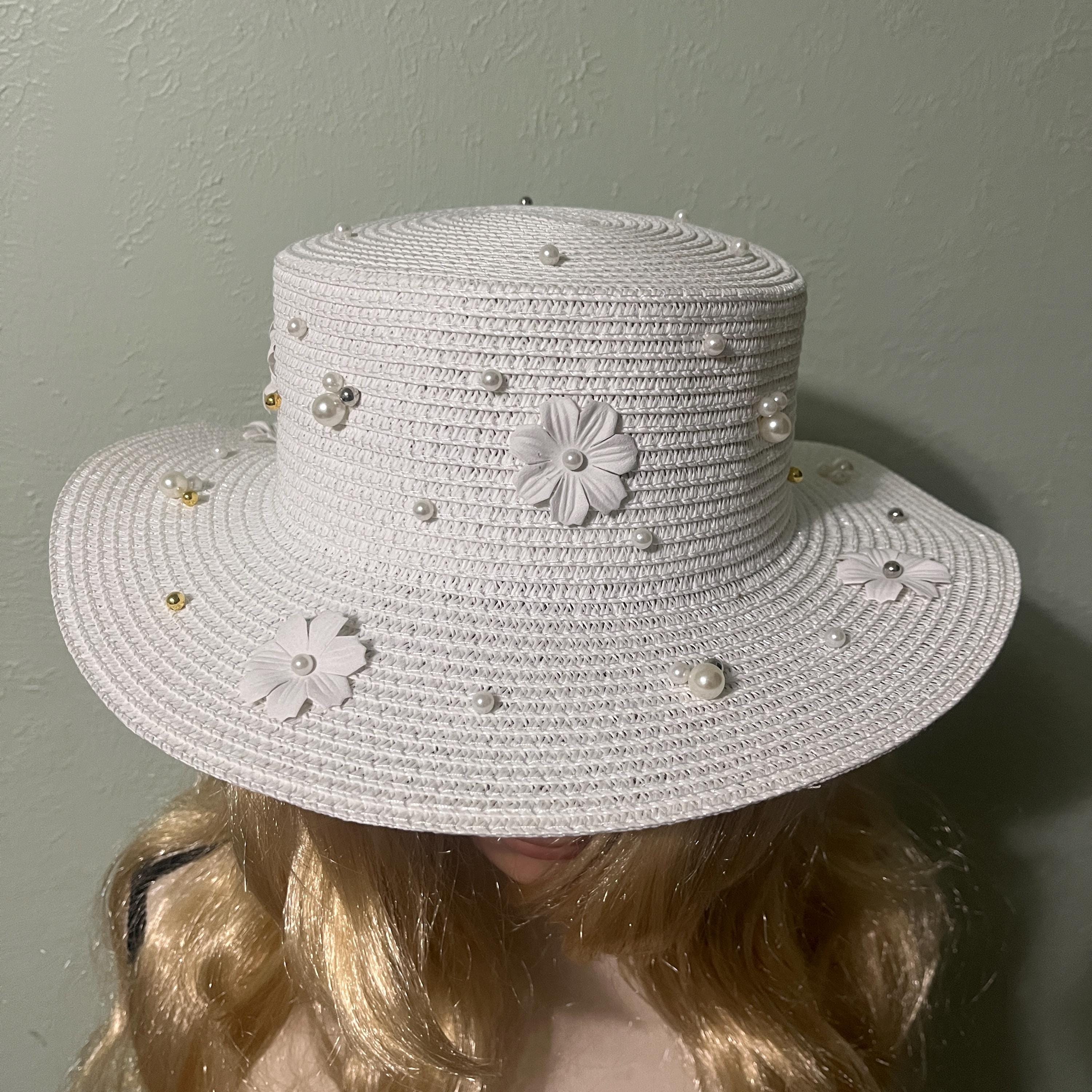Beautiful White Straw Hat. Embellished With Beautiful Pearls  display picture 1