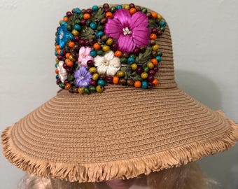 Beige Straw Fedora Hat. Embellished With Satin Ribbon  display picture 2