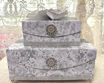 Card Box with Floral Design Two Tiered Enhanced with Rows of Pearls & Rhinestones Pearl and Rhinestone Pendants Topped with White Roses
