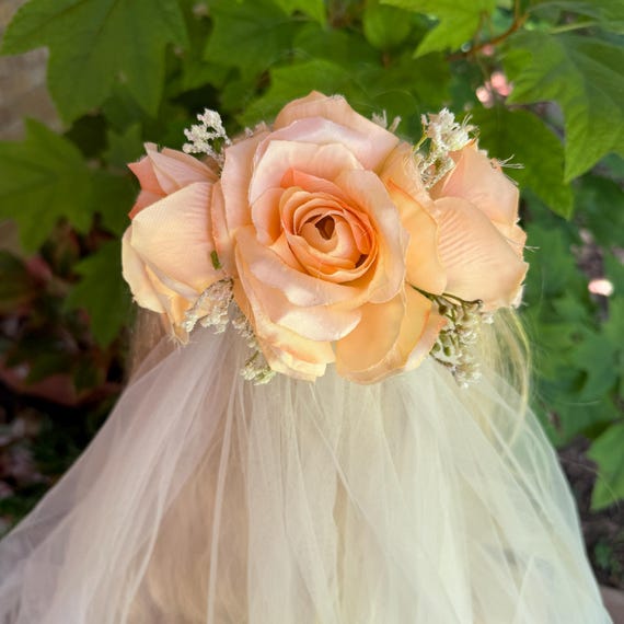 Floral Veil With Peachy Pink Accents Amazon.com: Floral Pink Flowers Embroidered Wedding Veil  main image 2