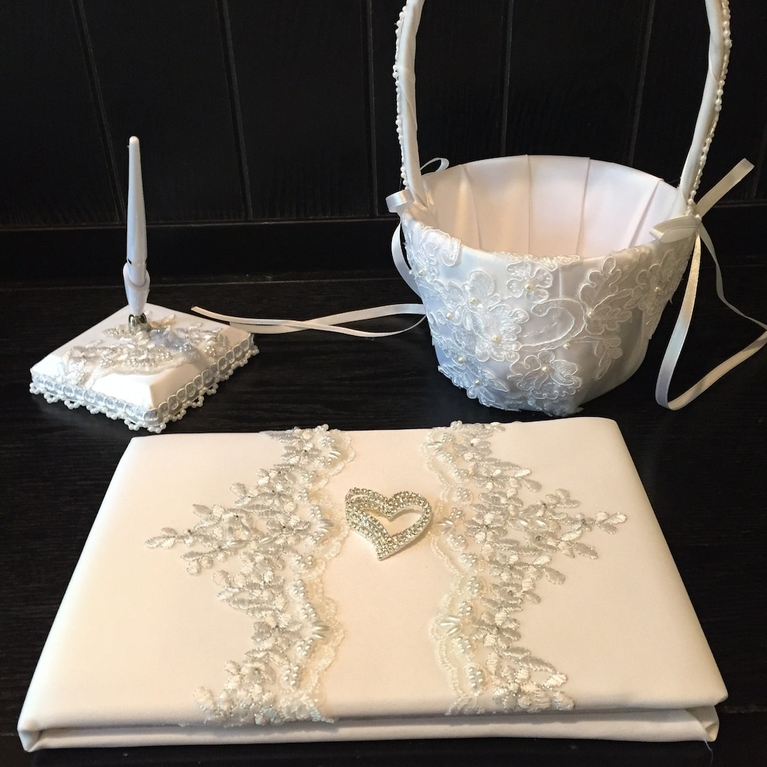 Light Pink Glitter Three Piece Brooch Wedding Set - Guestbook, Pen, Knife & Server Set