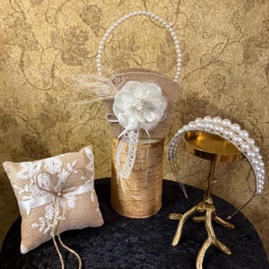 Ring Bearer Burlap Pillow with Ribbon Bow and Unique Flower Girl Basket with Elegant Flower Center and Pearl Handle & Pearl Headband.