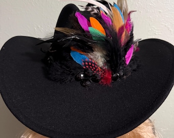 Beautiful Black Felt Fedora Hat. Embellished with Beautiful Feathers and Breads and Feather Hat Band. One Of A Kind Very Unique.