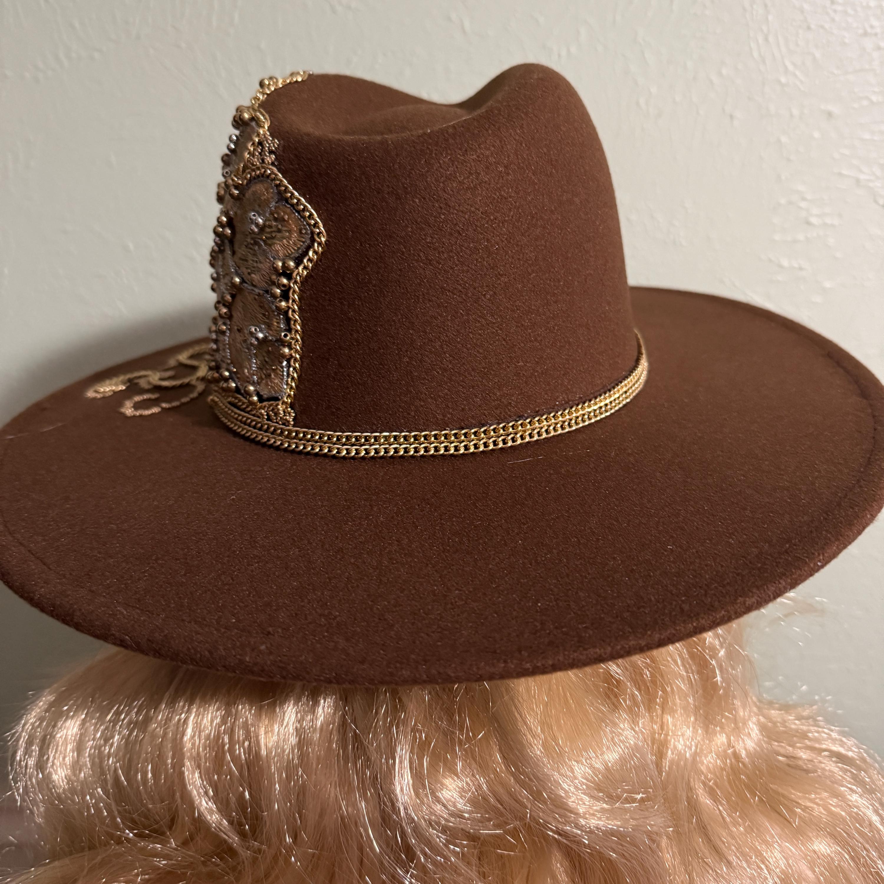 Felt Fedora with Gold Bead Accent Beautiful Brown Felt Fedora Hat. Embellished With Beautiful  main image 3