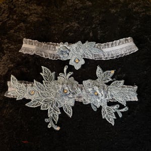 Bride Garter Blue Lace Flowers with Blue Rhinestones (Something Blue)