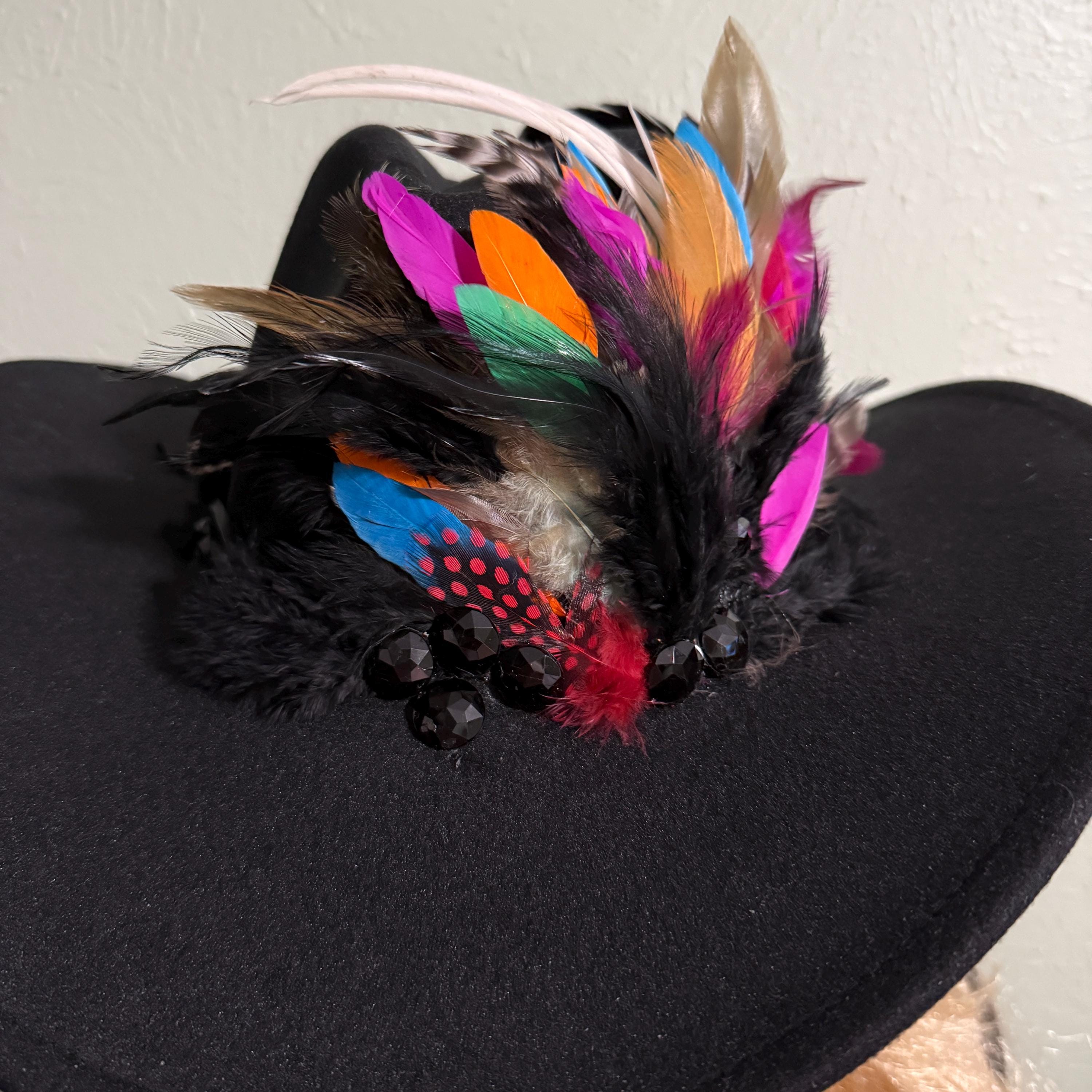 Custom made, felt black hat with feathers and jewel detail Embossed Leather Hat Band- Women main image 2