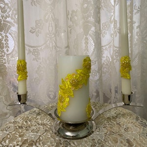 Wedding Unity Candle Set Vibrant Yellow Embroidery Lace, Sequences and Pearls. Stylish candle design will decorate the wedding ceremony.