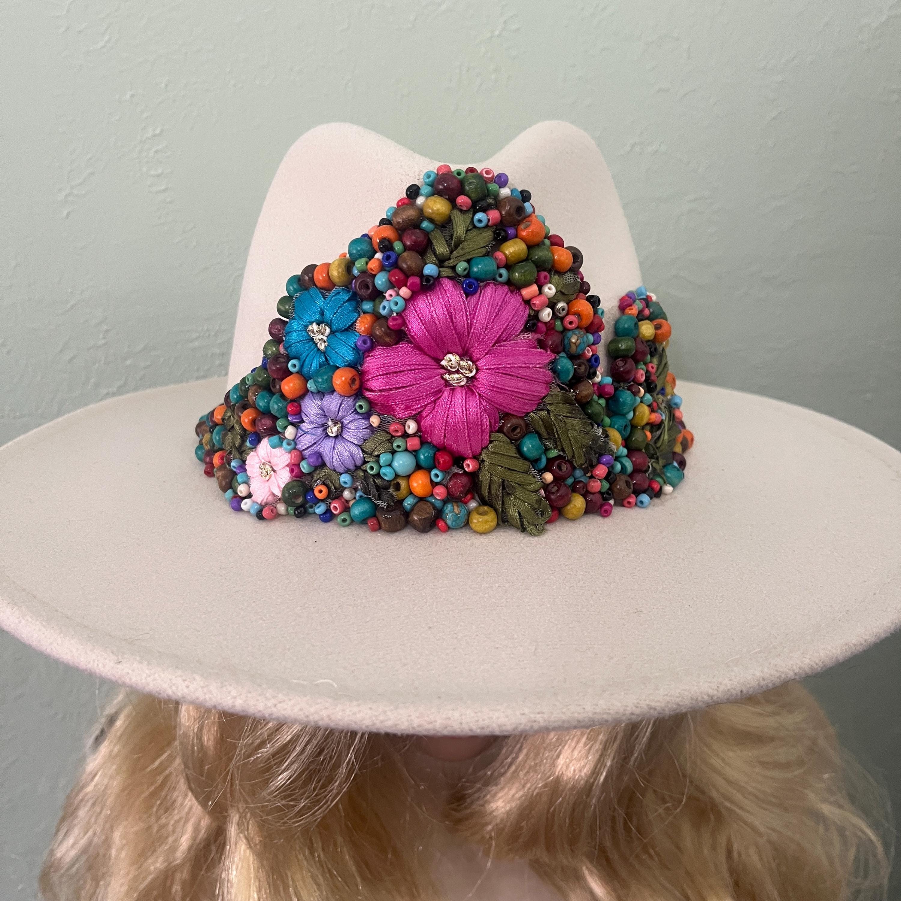 White Women\'s Felt Fedora Hat with Colorful Flower Accents White Felt Fedora Hat. Embellished With Satin Ribbon Flowers  main image 2