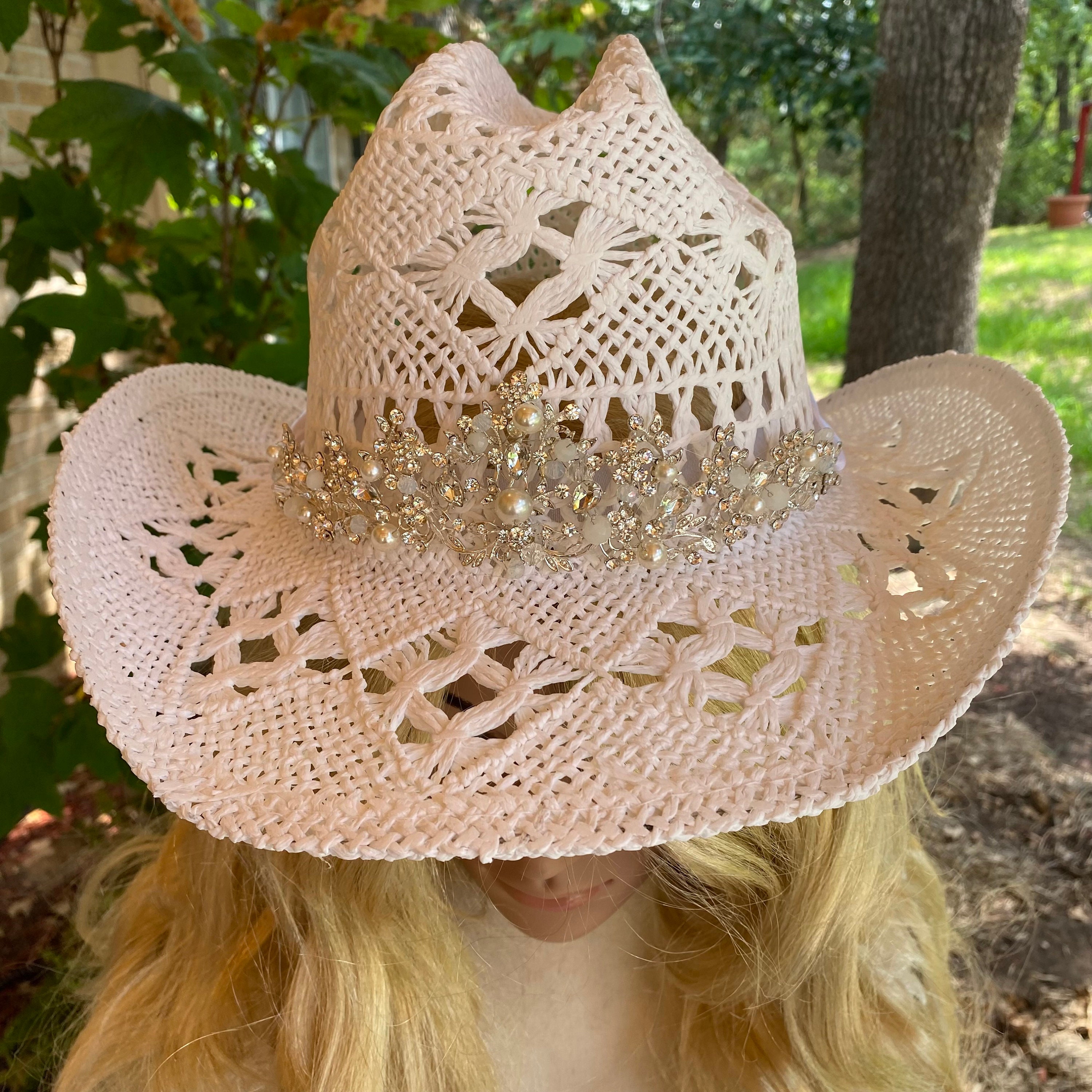 Beautiful White Western Wedding Hat. Accented Crown of 