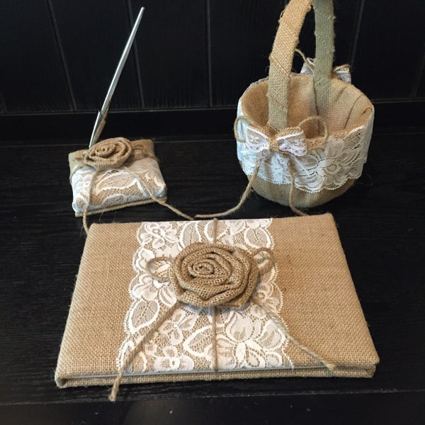 Wedding rustic/western wedding set wedding guest book, pen set and flower girl basket with burlap lace & burlap flowers wedding shabby chic