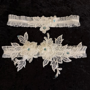 Bride Garter White Lace Flowers with Blue Rhinestones (Something Blue)