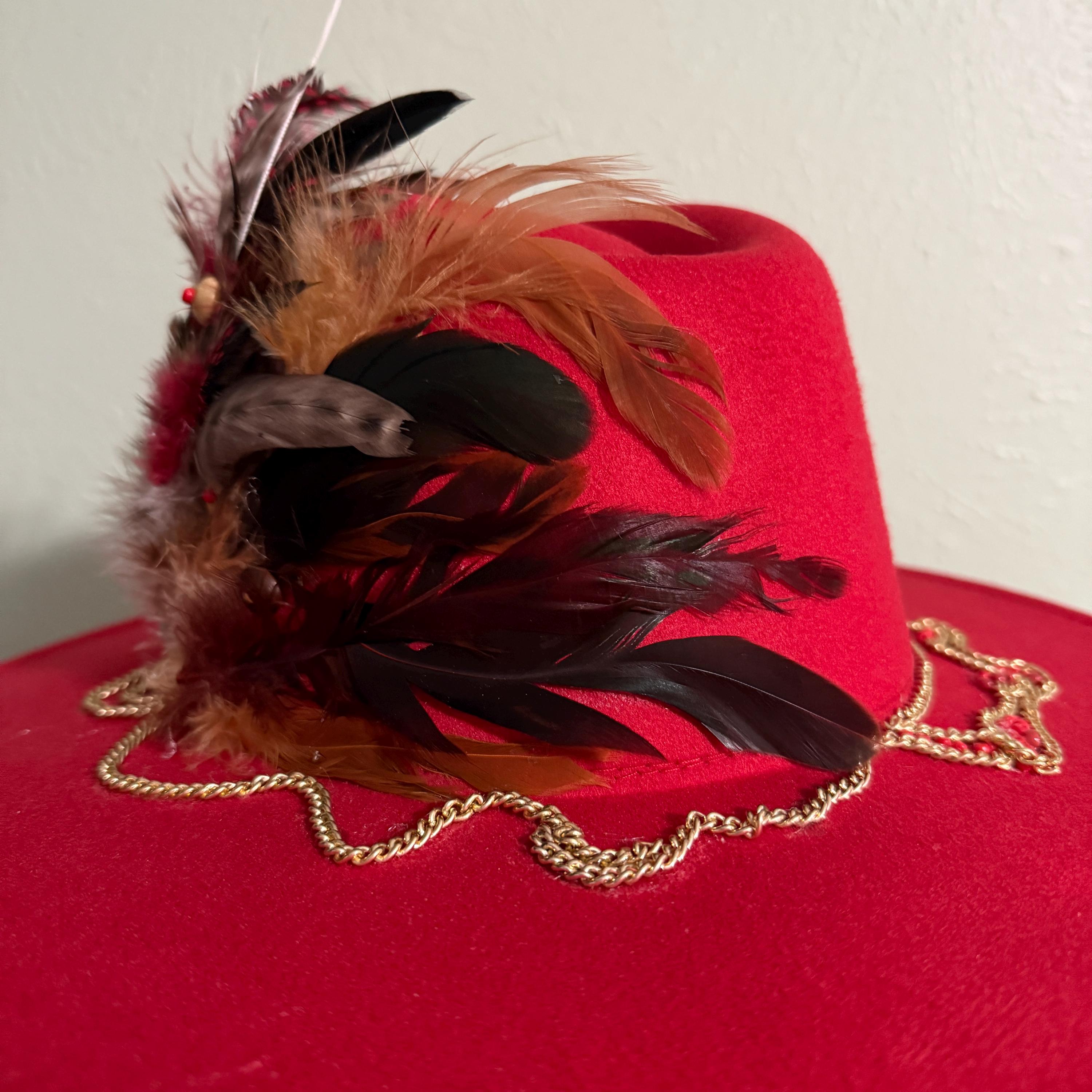 Beautiful Red Felt Fedora Hat. Embellished With Beautiful  display picture 1