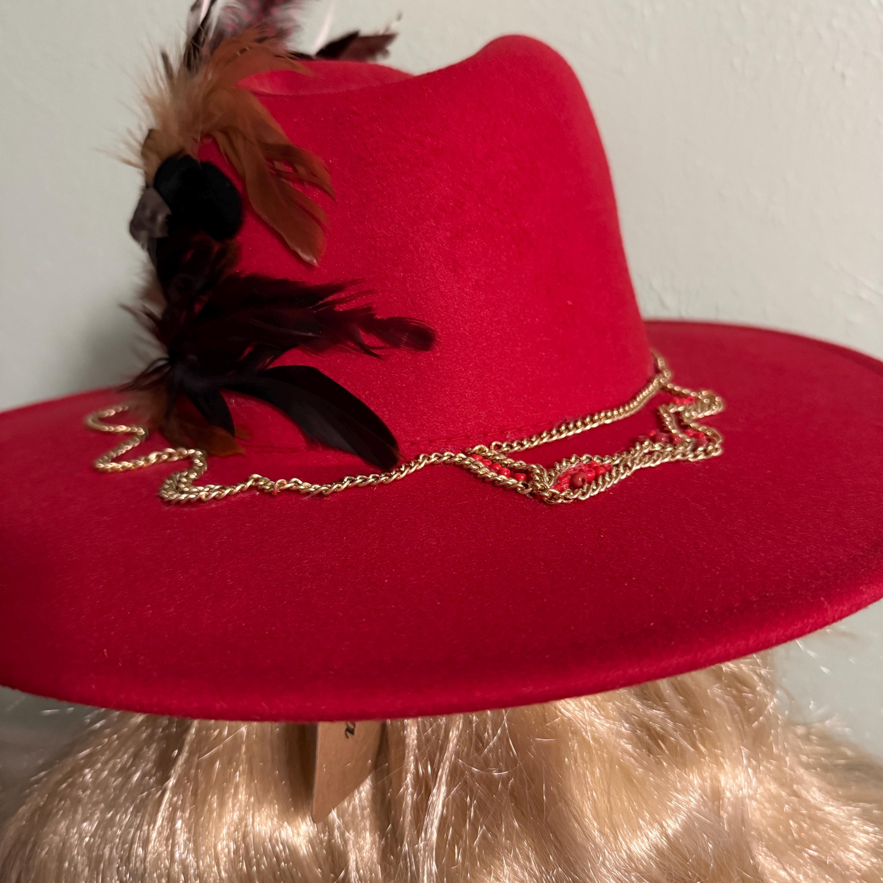 Red Feathered fedora Hat with Script Accents handmade! Make a Bold Statement with This Red Colored Fedora Hat main image 2