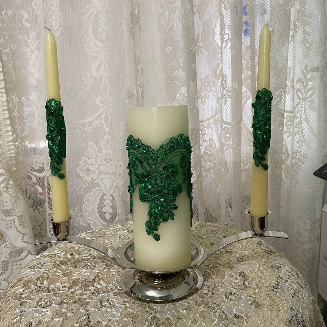 Wedding Unity Candle Set Emerald Green Embroidery Lace, Sequences ...