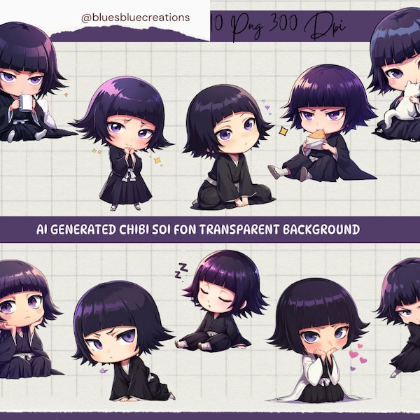 Chibi Soi Fon Character - Anime Png AI Generated Clip Art Printable Manga Style,Transparent Background,High-Resolution PNG Digital Download