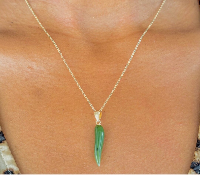 Jade Italian Corno Horn Delicate Charm Necklace, 1in Jade Italian Horn