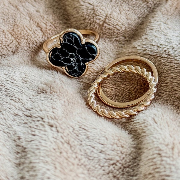 Black Clover Ring dupe set; 14K Gold Plated; Size 7/8; 15mm; Van Cleef dupe ring; Van Cleef Clover Ring Dupe; Trendy Clover Ring; set of 3