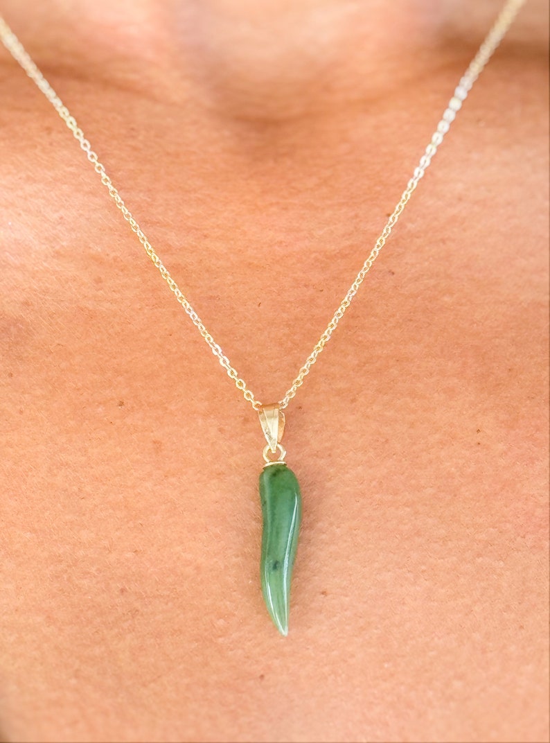 Delicate Jade Italian Corno Horn Charm Necklace, 1in Jade Italian Horn, Italy Horn of Plenty