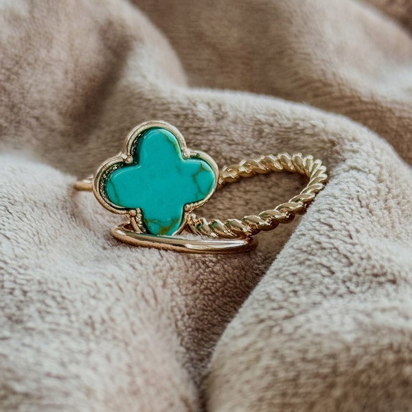 Turquoise Clover Ring dupe set; 14K Gold Plated; Size 7/8; 15mm; Van Cleef dupe ring; Van Cleef Clover Ring Dupe; Gold Clover ring set of 3