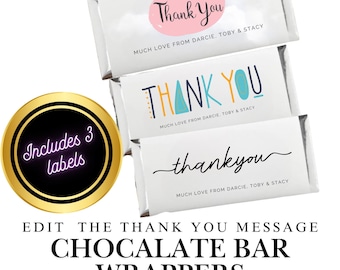 Emballages numériques Merci, modèle personnalisé de barre chocolatée, étiquette de faveur de barre chocolatée, modifiable, dîner de répétition, douche nuptiale, toile