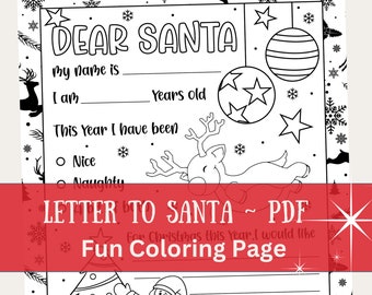 Letter to Santa Coloring Page, Kids Christmas Wish List, Printable Letter, Christmas Activity, Christmas Coloring, Dear Santa, No Prep,Xmas