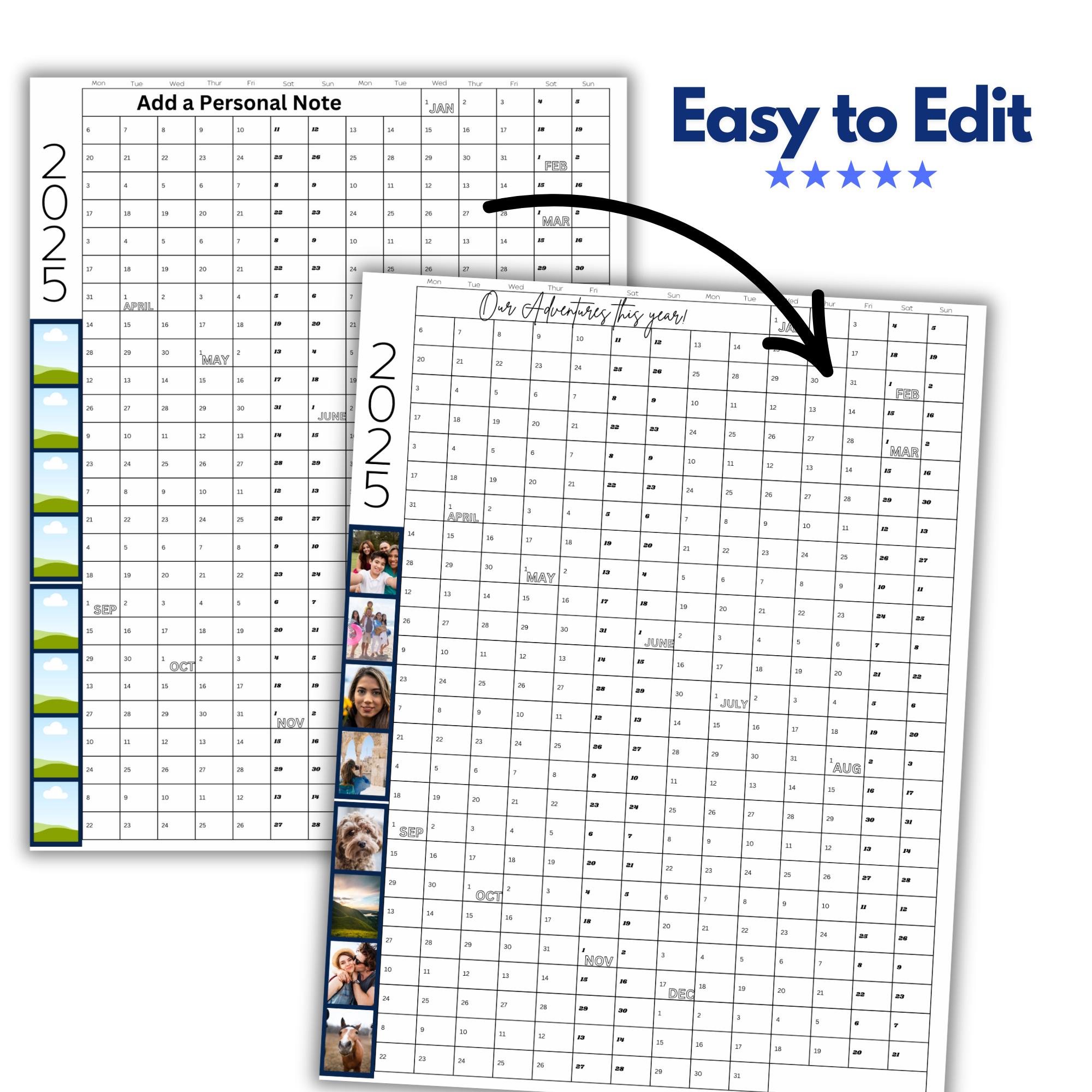 2025 Year Calendar Printable, 365 Days, Digital Download, Yearly