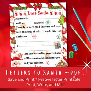 Carta a Santa, Lista de deseos de Navidad, Actividad imprimible de Navidad para niños, Descarga digital