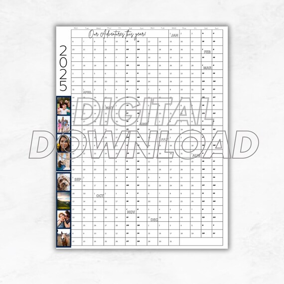 2025 Year Calendar Printable, 365 Days, Digital Download, Yearly