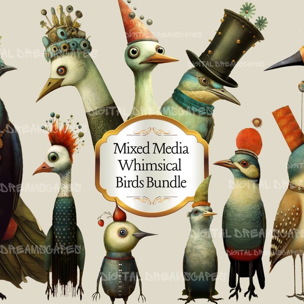 37 Mixed Media Whimsical Birds Bundle, Quirky Bird Graphics, Commercial Use, Whimsical Graphics, Quirky Clipart, 37 Png Elements