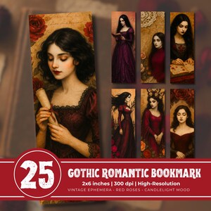 Gothic Lesezeichen Romantisches Set - 25 | Vintage Ephemera, rote Rosen, dunkle Academia | 2 x 6 Zoll PNGs bei 300 DPI | Druckbares Gothic Briefpapier
