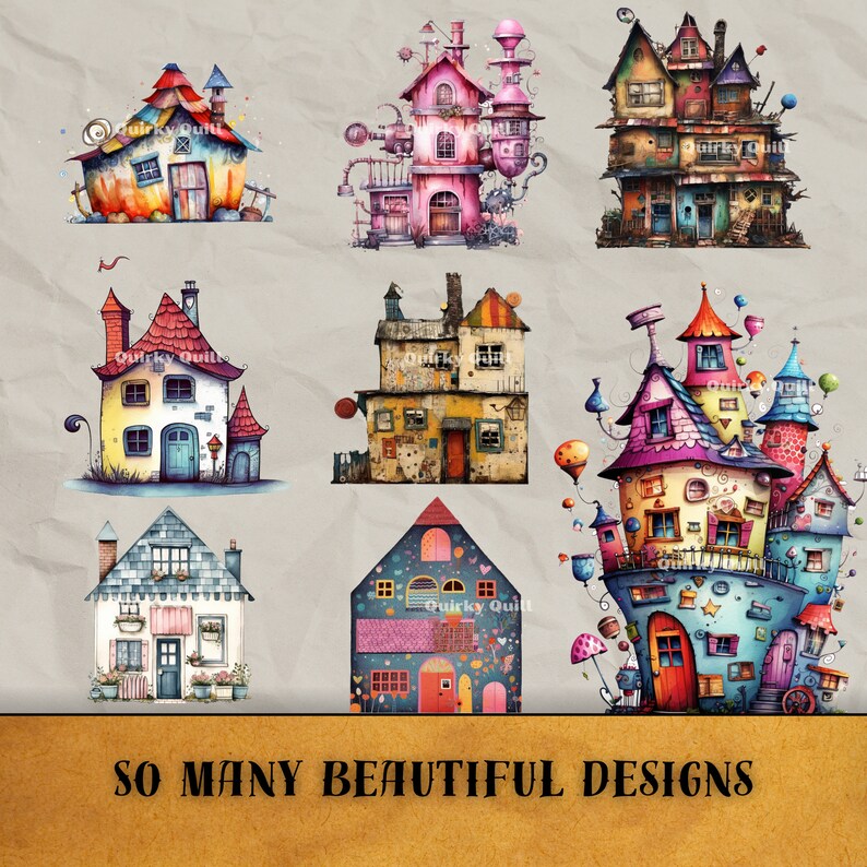 Mixed Media Whimsical Houses, Commercial Use, Whimsical Graphics ...
