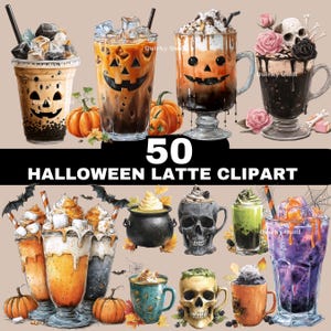 50 Halloween Latte Clipart Bundle Pumpkin Skull Coffee Mugs PNG Sublimation Tshirt POD Commercial Use Fall Autumn Spooky Graphics Digital