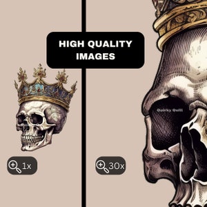 May include: A detailed illustration of a skull wearing a gold crown with blue and red jewels. The skull is facing the left side of the image. The background is a light beige color. The text "Quirky Quill" is visible in the image.