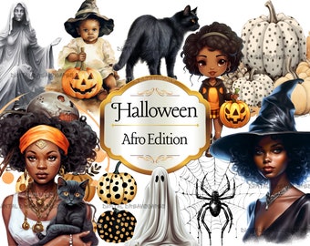 45 Afro Halloween Witch Fashion Clipart for Sublimation & Commercial Use, PNG Digital Download for Planner Stickers and Paper Crafts