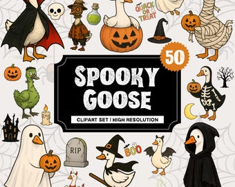 50 Halloween Spooky Goose Clipart | PNG Bundle | Cartoon Goose Costumes & Candy | Fall Halloween Watercolor Stickers | T-shirt Design