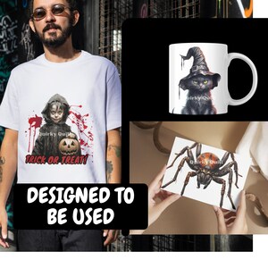 May include: A white t-shirt with a black and white illustration of a child holding a jack-o-lantern. The text "Trick or Treat!" is printed below the illustration. The t-shirt is designed to be used for Halloween.