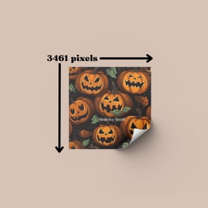 May include: A seamless pattern featuring orange jack-o'-lantern pumpkins with carved faces on a dark background. The pattern includes the text "Quirky Quill".