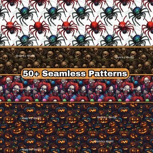 May include: A digital download of 50+ Halloween themed seamless patterns. The patterns feature spiders, skulls, clowns, and jack-o-lanterns.