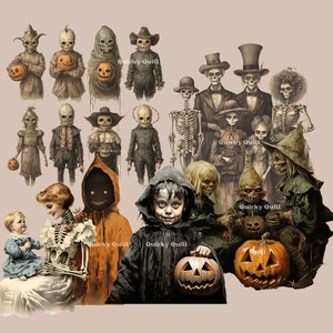 May include: A Halloween-themed digital collage featuring various characters, including skeletons, ghosts, and children dressed in costumes. The image includes pumpkins, jack-o'-lanterns, and the text "Quirky Quill".