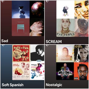May include: A collage of album covers with different moods and genres. The top left image is a sad, dark image with a woman in a white dress. The top right image is a scream-themed album cover with a woman in a black dress. The bottom left image is a soft Spanish-themed album cover with a cartoon character. The bottom right image is a nostalgic album cover with a woman in a white dress.