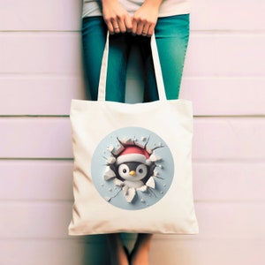 Cute Penguin Tote Bag with Illusion Effect - Artistic Christmas Tote Bag for Holiday Shopping and Gifts - Durable Cotton Canvas