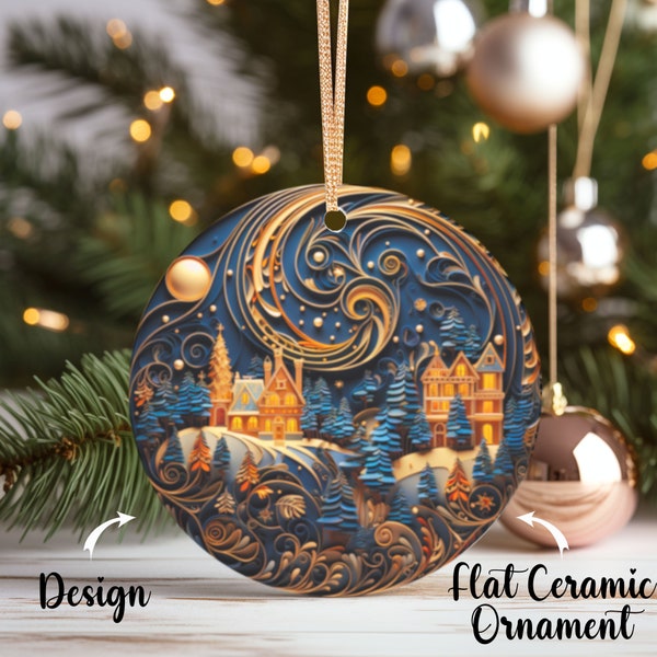 Christmas Starry Night Ornament, Christmas Decoration, Ceramic Ornament, Christmas Ornament, Christmas Gift,Flat Round Ornament