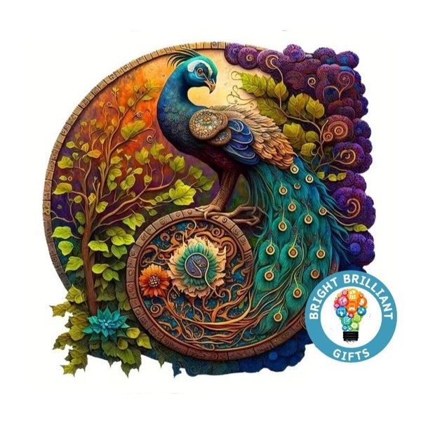 Peacock Tree - Wooden Jigsaw Puzzle, Uniquely-Shaped Pieces, Mentally+Visually Stimulating, Educational, Challenge for All Ages, Great Gift!