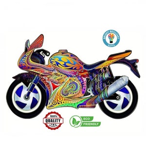 May include: A colorful, patterned motorcycle with a blue and white wheel. The motorcycle has a black exhaust pipe and is decorated with intricate designs. The image also includes a "100% Quality Guaranteed" and "Eco Friendly" logo.