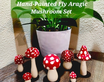 Hand-Painted Wooden Mushroom Set -Seven (7) Pieces, Super Cute! For Gardens, Home Decor, Office, Tabletop, Educational Toy, Customize Colors