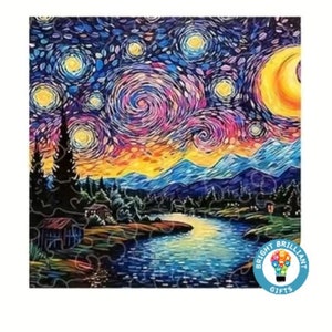 Starry Night- Petite Wooden Jigsaw Puzzle, Uniquely-Shaped Pieces, Mentally+Visually Stimulating, Educational, For All Ages, Great Gift!
