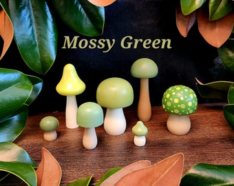 Hand-Painted Wooden Mushroom Set -Seven (7) Pieces, Super Cute! For Gardens, Home Decor, Office, Tabletop, Educational Toy, Customize Colors